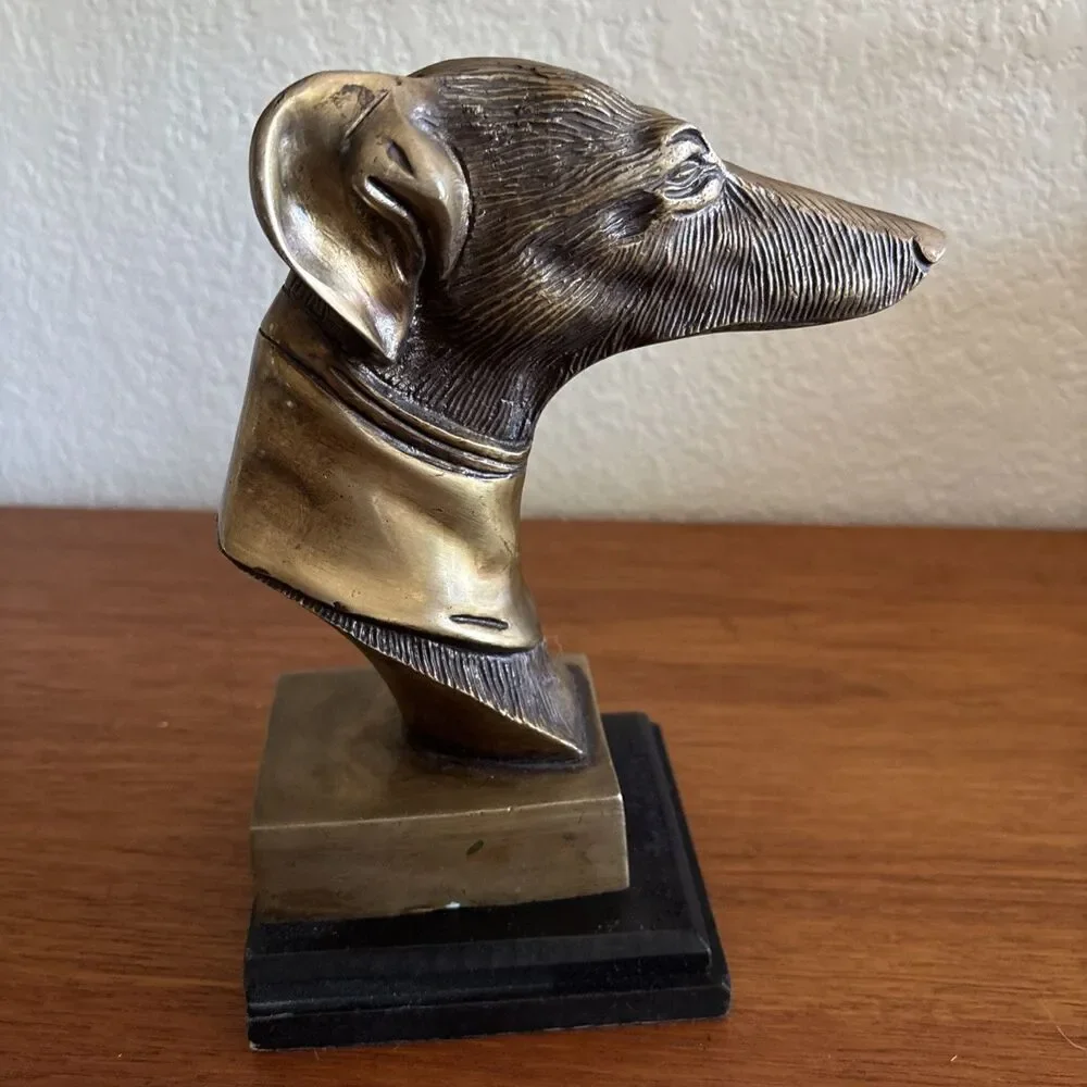 Vintage Brass Greyhound Bust Sculpture Wood Base Whippet Dog Bookend 8”